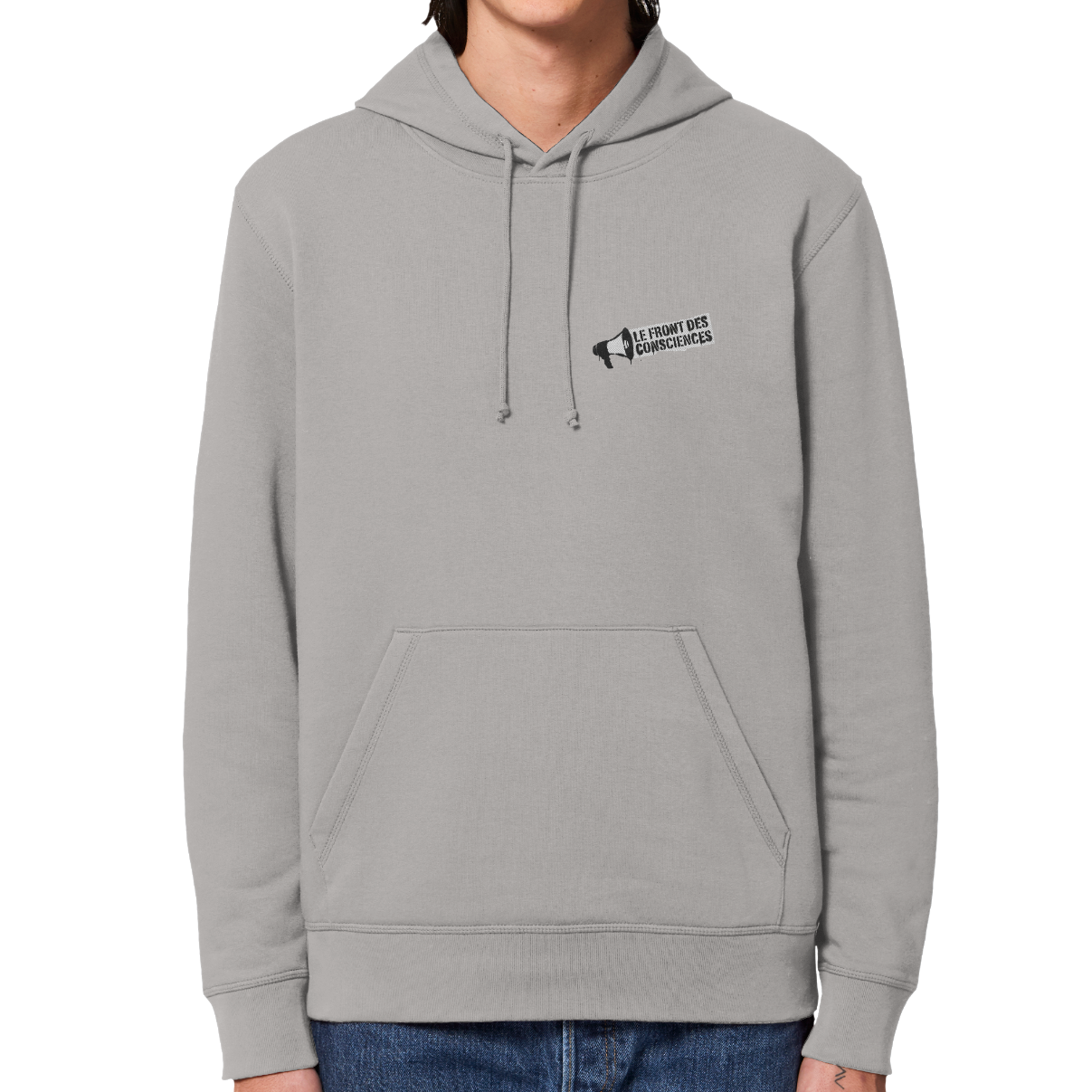 sweat gris clair à capuche logo front des consciences