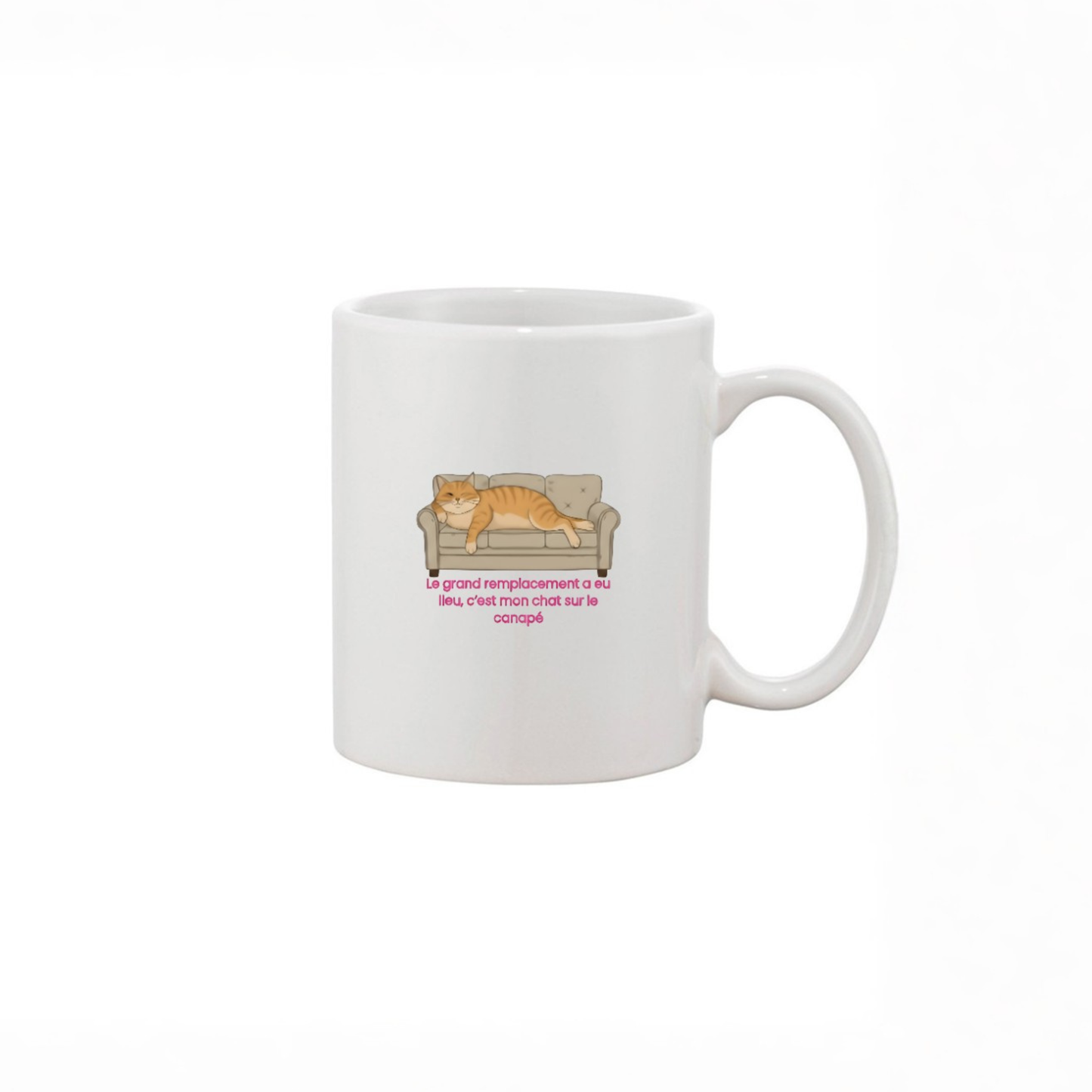mug blanc logo chat sur canapé parodie le grand remplacement