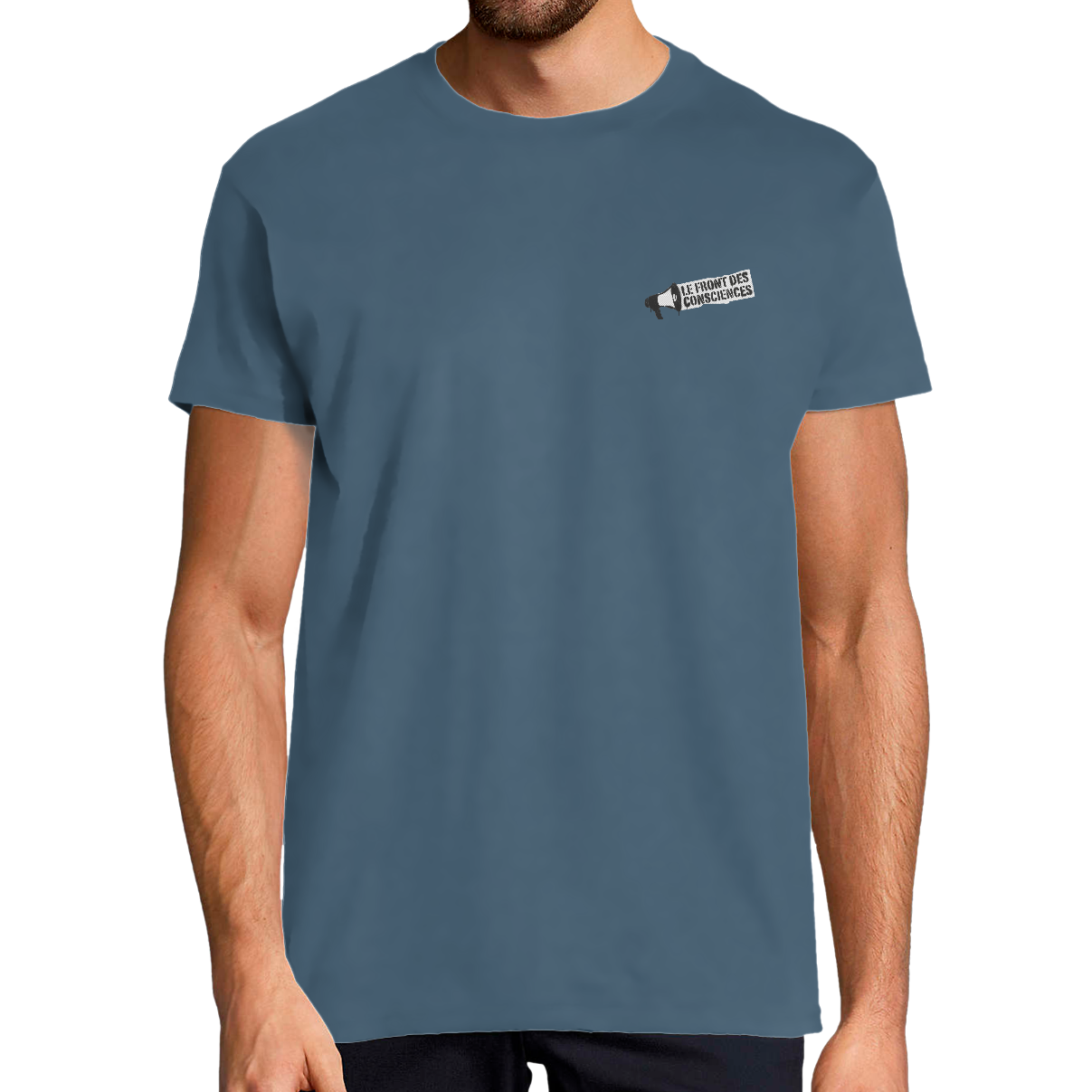 T-shirt bleu logo le front des consciences