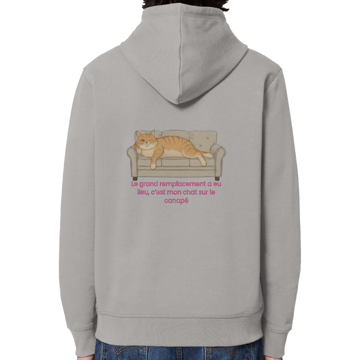 sweat gris clair capuche parodie le grand remplacement avec un chat sur un canapé