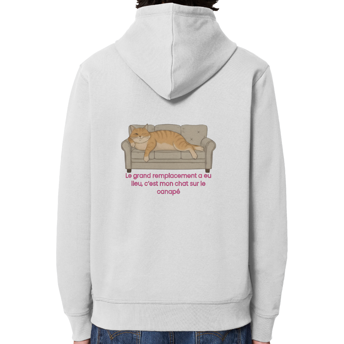 sweat blanc capuche parodie le grand remplacement avec un chat sur un canapé
