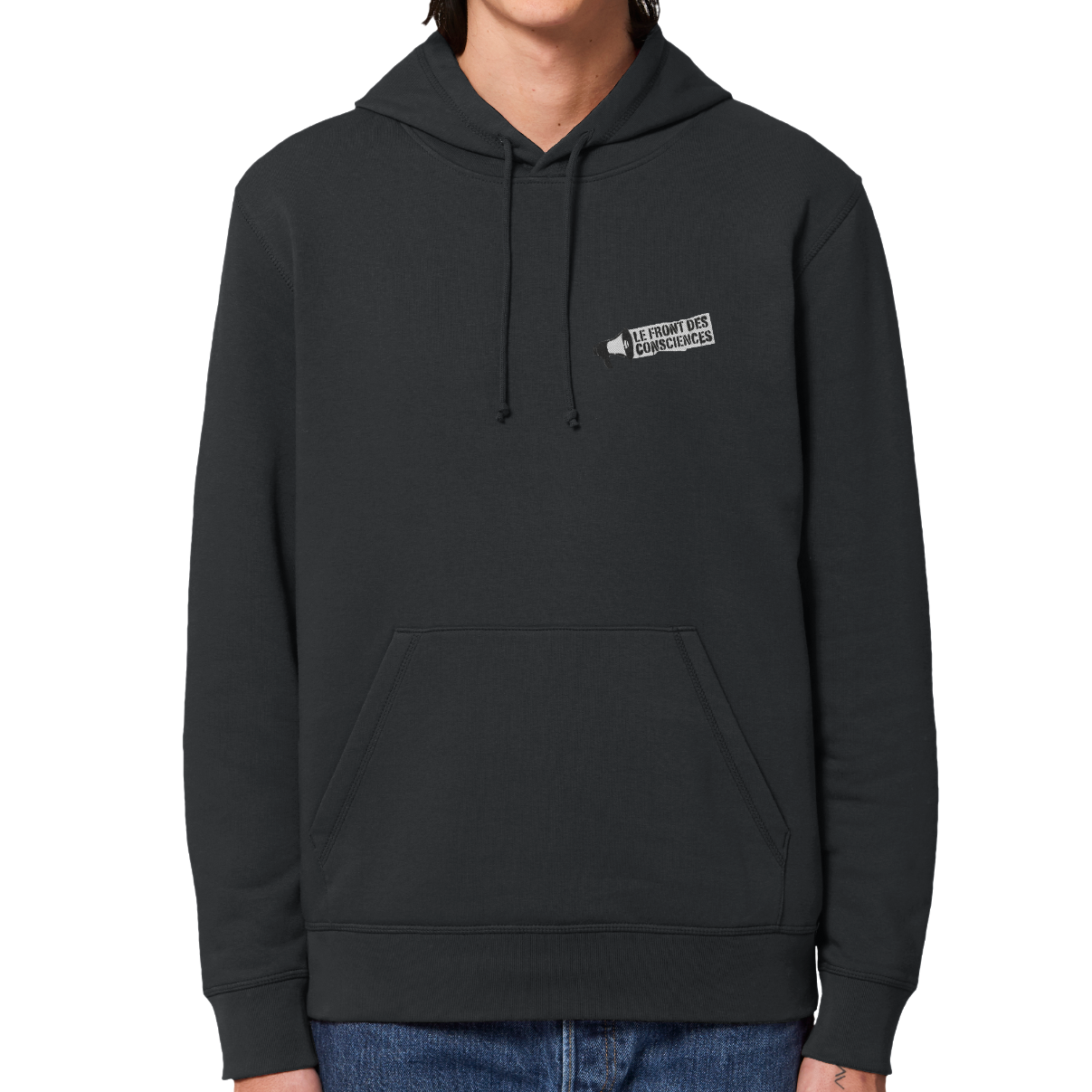 sweat noir capuche logo front des consciences