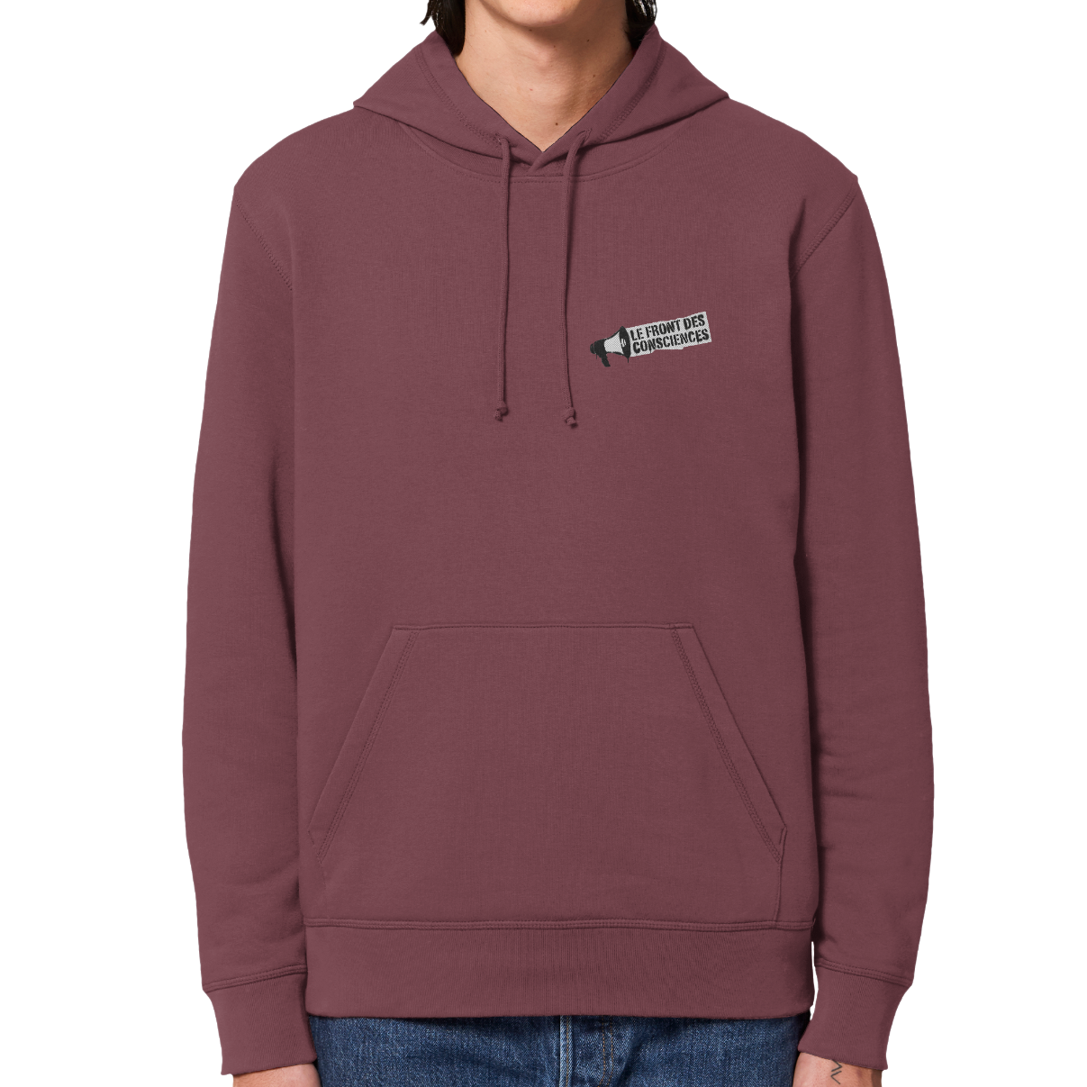 sweat logo front des consciences noir sur fond rouge