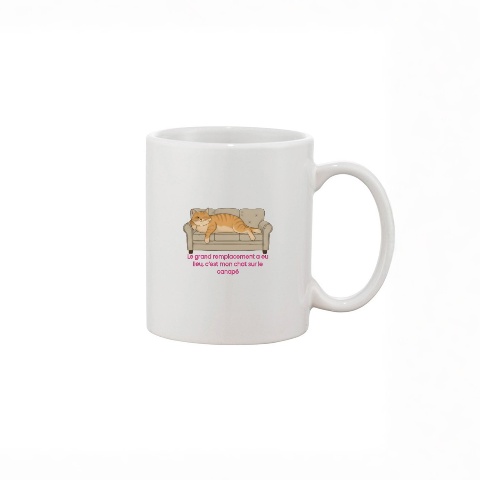 mug blanc logo chat sur canapé parodie le grand remplacement 