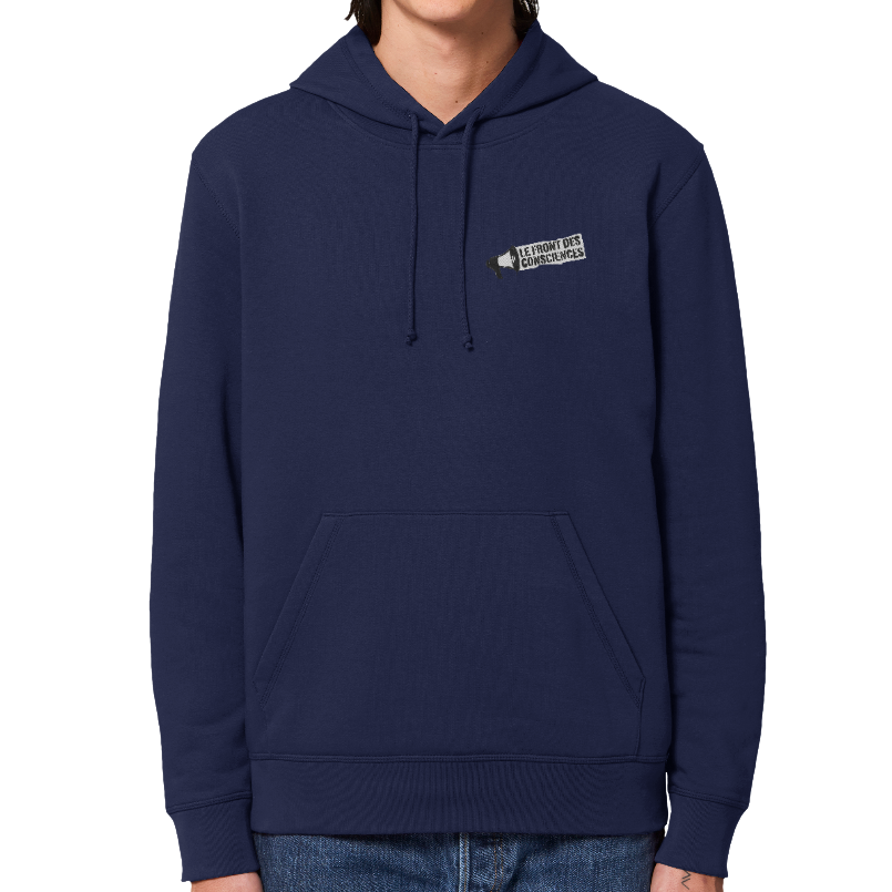 sweat logo front des consciences sur fond bleu